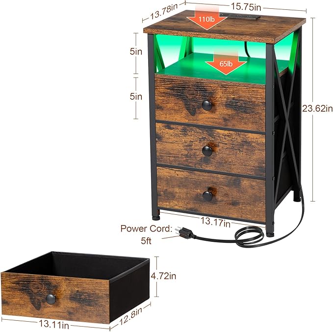 AMHANCIBLE Night Stand Set 2, LED Nightstand with Charging Station, End Side Tables with USB Port & Outlet, Bedside Tables with 3 Fabric Drawers for Bedroom, Rustic Brown HET053LBR