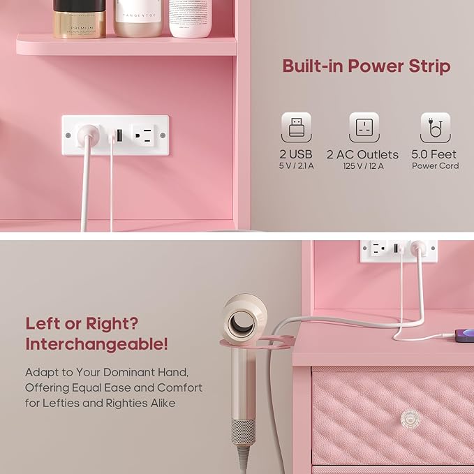 HAUOMS Pink Vanity with Lights and Mirror, 11 Drawer Makeup Vanity with Power Strip, 6 Open Shelves, 43.3” Vanity Desk with Storage, Dressing Table with 3 Color Modes for Bedroom, Women, Girls (Pink)