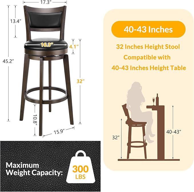 PrimeZone Swivel Bar Stools Set of 4, 32 Inch Tall Bar Height Barstools, Black Faux Leather Bar Stool with High Backrest & Solid Wood Legs & Wrap-Around Footrest, Counter Stools for Pub