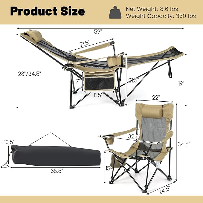 GYMAX Camping Chair, Adjustable Reclining Lounge Chair w/Removable Footrest, Padded Pillow, Cup Holder & Side Pocket, Folding Camping Mesh Chair w/Carry Bag for Outdoor Patio Lakeside (1, Khaki)