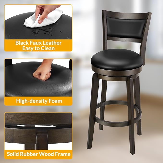 PrimeZone Swivel Bar Stools Set of 2, 26 Inch Counter Height Barstools, Black Faux Leather Bar Stool with High Backrest & Solid Wood Legs & Wrap-around Footrest, Counter Stools for Kitchen Island, Pub