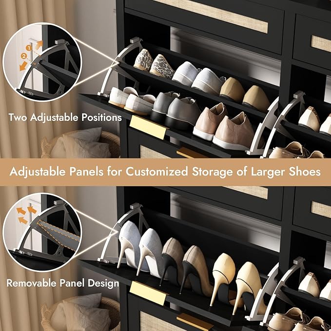HOKYHOKY Large Rattan Shoe Storage Cabinet with 4 Flip Drawers & 2 Storage Drawers – Hidden Slim Shoe Organizer for Entryway, Large Tabletop Space, Farmhouse Boho Narrow Shoe Rack, Rustic Black