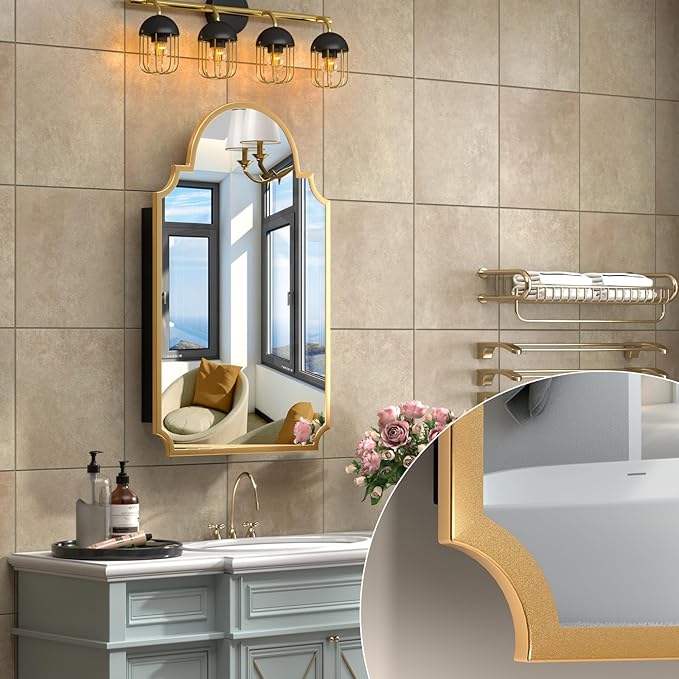 20"x32" Medicine Cabinet with Mirror, Recessed and Surface Mount Medicine Cabinets for Bathroom, Bedroom, Full Metal, Unique Art Arched Mirror with Storage, 2 Shelves and 1 Organizer Box, Bling Gold