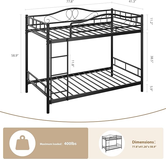 IDEALHOUSE Bunk Bed Twin Over Twin with Ladder & Full Safety Guardrail, Heavy Duty Metal Twin Over Twin Bunk Bed 400 Lbs Load Capacity, Space-Saving, Noise Free, No Box Spring Needed, Easy Assembly, B