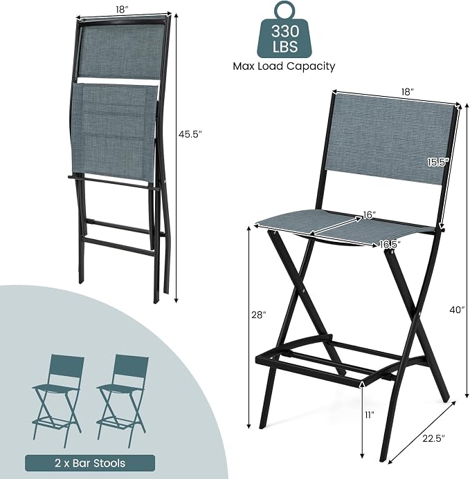 COSTWAY Outdoor Patio Bar Chair Set of 2, Folding Counter Height Stool with Metal Frame & Footrest, Patio Bar Stool for Balcony, Garden & Poolside (2, Blue)
