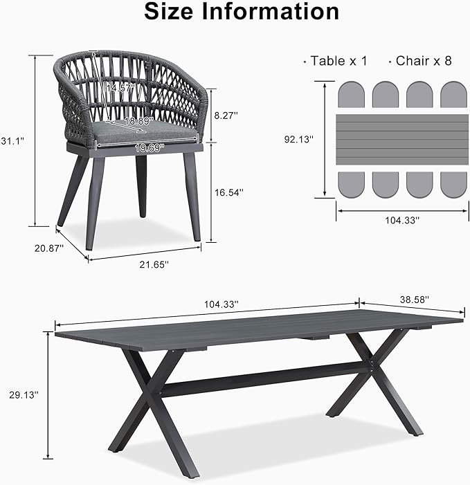 PURPLE LEAF Outdoor Dining Set All-Weather PE Rattan Outdoor Patio Dining Furniture Set with All Aluminum Frame Rectangular Table and 8 Chairs Set for Lawn Garden Backyard Deck, Grey