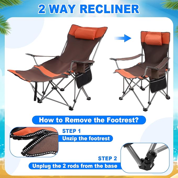Yuntau 2 Set Reclining Beach Chairs with UPF 50+ Umbrellas Shade, Upgraded Heavy Duty Portable Folding Lounge Camping Chair with Canopy Removable Footrest & Headrest for Outdoor Patio(Orange,Green)