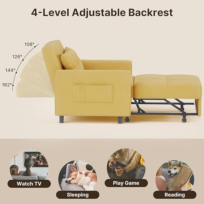 Gizoon Sofa Bed Chair 3 in 1 Convertible, Pullout Single Sleeper Chair Bed with Adjustable Backrest, Spacious Multifunctional Sofa Couches for Living Room, Bedroom, Apartment