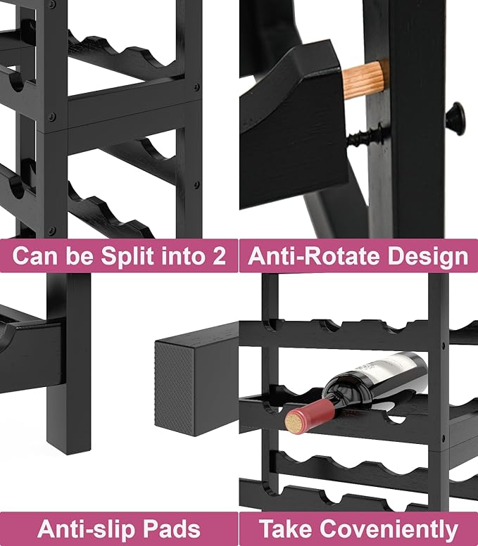 MOGELAFOO 6 Tier Bamboo Wine Rack Freestanding Floor, 24 Bottles Wine Storage Shelves with Table Top, Stackable Wine Display Rack for Kitchen, Bar, Dining Room, Black
