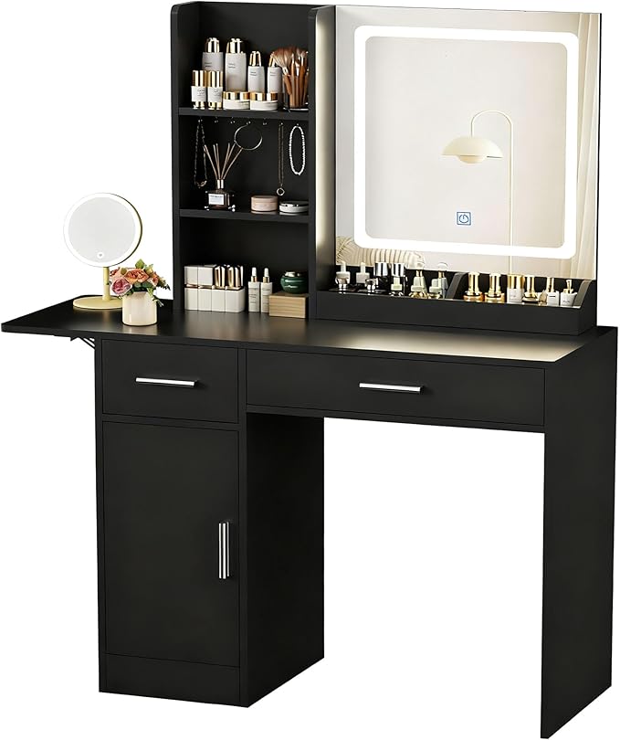 ERLEJIA Vanity Desk with Mirror and Lights, 39.37" 4 Drawers Makeup Desk Without Stool, Extra Foldable Desk with 3 Open Shelves Make Up Table for Girls and Ladies Bedroom, Black