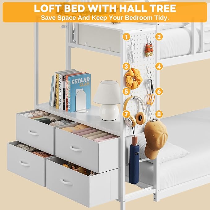 LIKIMIO Bunk Bed Twin Over Twin, House Bed Frame with 6 Storage Drawers,Hall Tree, Twin Bed with Metal Slats for Dormitory and Bedroom, Space Saving, No Box Spring Needed, White