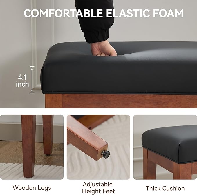 WUTUTUEE 43.5'' Faux Leather Bedroom Bench, Upholstered End of Bed Bench, Padded Vintage Dining Bench, Entryway Bench with Solid Wood Legs, Kitchen, Living Room, Hallway, Black