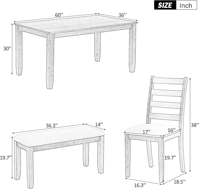 Harper & Bright Designs Rustic Style 6-Piece Dining Room Table Set with 4 Upholstered Chairs & a Bench (Brown + Whitewash)