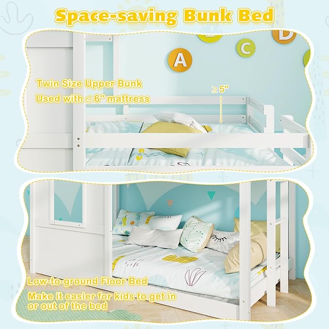 Giantex House Bunk Bed Twin Over Twin, Solid Wood Floor Bunk Bed with Built in Ladder, Window & Safety Guardrail, Wooden Kids Low Bunk Beds for Teens Boys & Girls, No Box Spring Needed, White