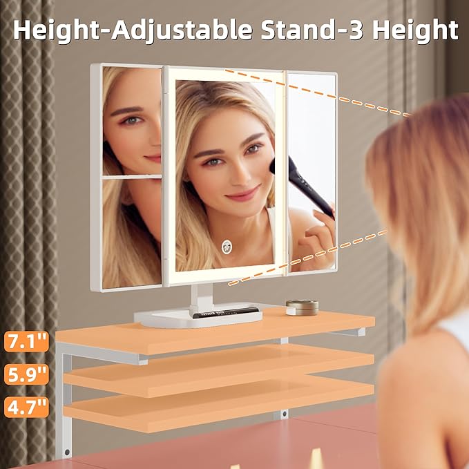 HIGDBFE Small Makeup Vanity Desk 27.5''W with Mirror and Lights, Vanity Desk with 3 Fabric Drawers and Height-Adjustable Stand, Vanity Table for Girls Gifts, Bedroom and Small Spaces, Pink