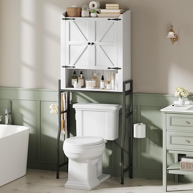 Memobarco Over The Toilet Storage Cabinet, Over Toilet Organizer with 2-Door & Metal Stand, Bathroom Organizers and Storage with Adjustable Shelves for Bathroom, Restroom, Laundry, White