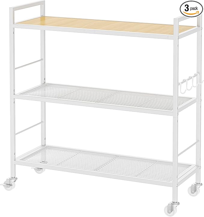 3-Tier Metal Storage Rack with Industrial Wheels,Mesh Shelving Unit with Wooden Table top,Adjustable Shelf,31.5-Inch Width, for Kitchen, Laundry,Pantry,Plant,Oak panel and white frame