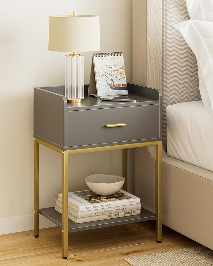 Nightstand,3-Tier Modern Night Stand,Bedside Table with Storage Drawer and Shelf,Small Side Table for Bedroom,Living Room,Gray