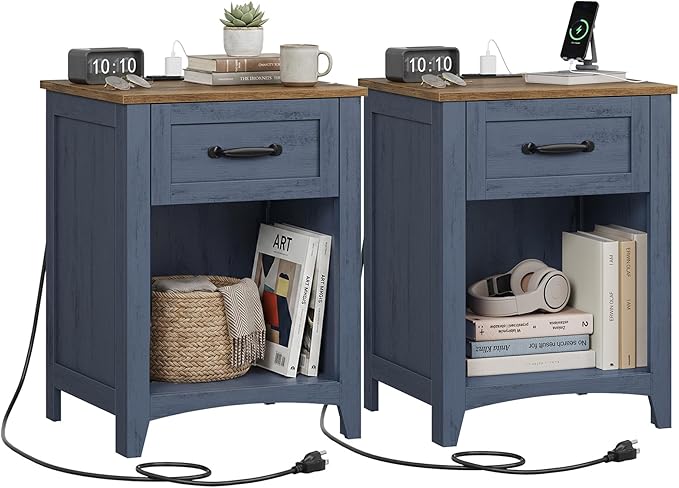 VASAGLE LIRY Collection - Farmhouse Nightstands with Charging Station, Set of 2 Bedside Tables, Side Tables with Drawer, Open Compartment, for Bedroom, Rustic Blue and Honey Brown LET659Q101S-2J