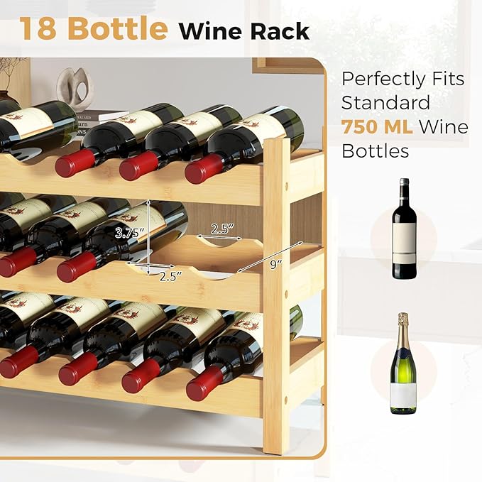 COSTWAY 3-Tier Bamboo Wine Rack, 18-Bottle Tabletop Wine Holder with Wave Slot, Freestanding Countertop Wine Bottle Organizer for Kitchen, Pantry, Pub & Wine Cellar, Natural (24.5L x 9.5W x 15H)