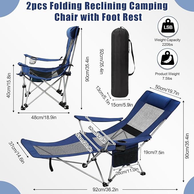 Colingmill 2 Pcs 2 in 1 Reclining Camping Chair with Footrest for Adults Folding Lounger Mesh Beach Chair Adjustable Backrest Lightweight Lawn Chairs for Camping Tailgates Outdoor Beach(Navy Blue)