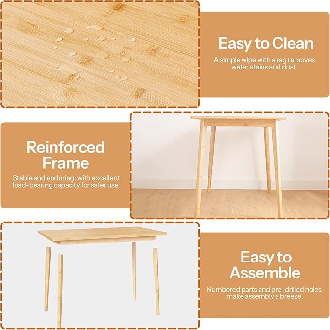 HOOBRO Dining Table, Bamboo Dining Room Table for 4-6, 47.2" Rectangle Kitchen Table, Easy to Assemble, for Dining Room, Living Room, Office, Kitchen, Apartment, Natural YL120CZ01