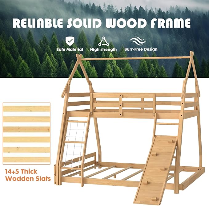 DUMOS Bunk Bed Twin Over Full Size, Wooden House Bunk Bed with Climbing Nets & Ramp, 82'' High Kids Bed Frame for Boys Girls Bedroom, Dorm, No Box Spring Needed