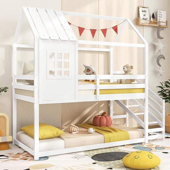 Giantex Twin Bunk Beds with Stairs, Floor House Bed with Roof & Window, Solid Wood Twin Over Twin Bunk Bed with Full-Length Guardrails and Steps, Space-Saving House Bed for Kids, Girls, Boys, White