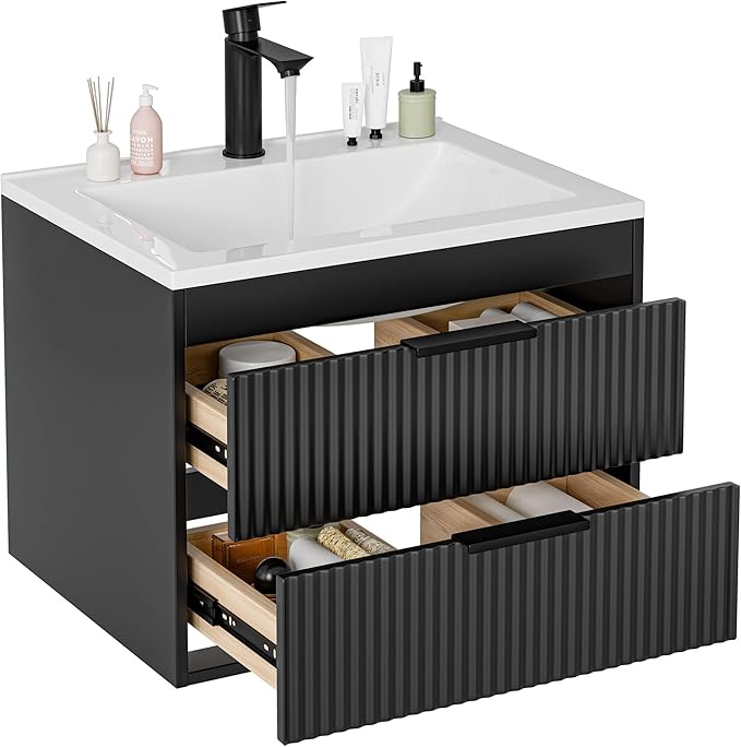 24 Inches Modern MDF Bathroom Vanity with Sink, Wall Mounted Floating Cabinets w/Double Drawers, Black Handles, White Resin Sink Combo Set (Black, 24")
