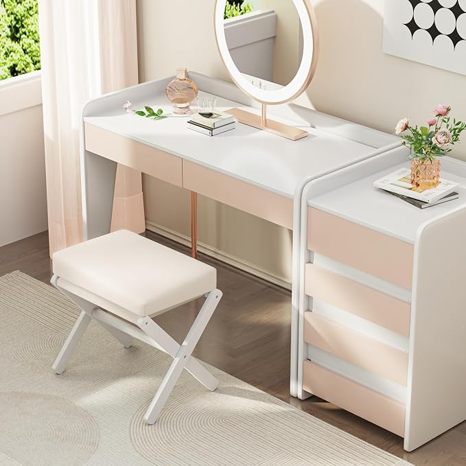 BAMBOOHOMIE Foldable Foot Stool Ottoman, Modern Foot Rest with Bamboo X Legs & Thick Foam Cushion, Folding Foot Stools Small Padded for Bedroom Living Room, Footstool for Chair Couch (White - White)