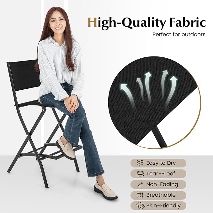 COSTWAY Outdoor Patio Bar Chair Set of 4, Folding Counter Height Stool with Metal Frame & Footrest, Patio Bar Stool for Balcony, Garden & Poolside (4, Black)
