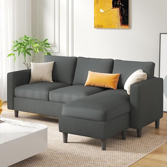 JAMFLY Couches for Living Room, 3-Seat Reversible Sectional Sofa with Convertible Ottoman, Modern Ribbed Fabric L-Shaped Couch for Small Apartment, Studio & Office, Easy Assembly, Grey