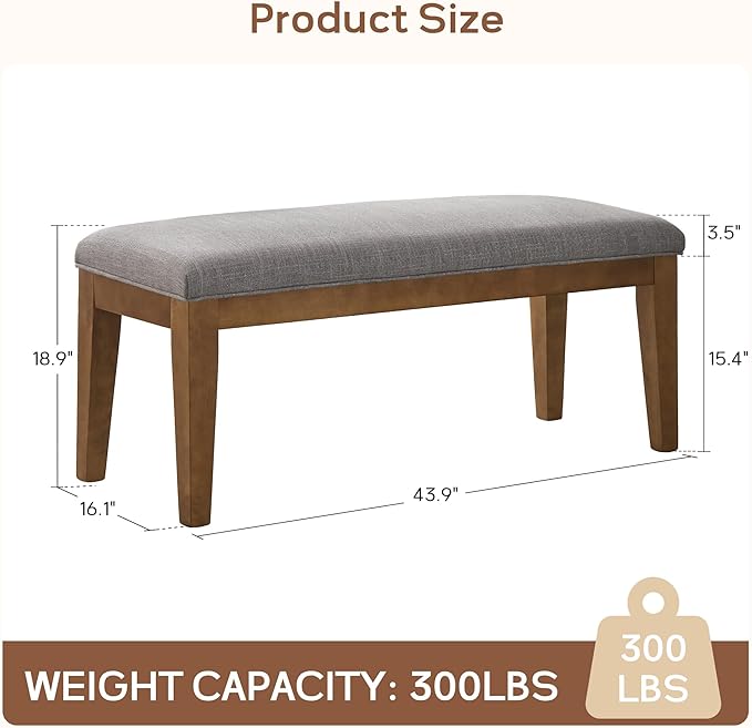 HUIMO Kitchen & Dining Room Benches, Fabric End of Bed Bench with Solid Wood, Upholstered Entryway Bench for Living Room, Bedroom (Grey)