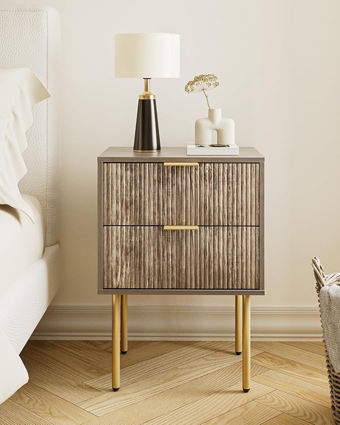 Aienvey Night Stand, Modern Nightstand with Drawers, Bedside Table, Gold Small Side Table for Bedroom, Living Room End Table (Grey Stripe, 2 Drawers)