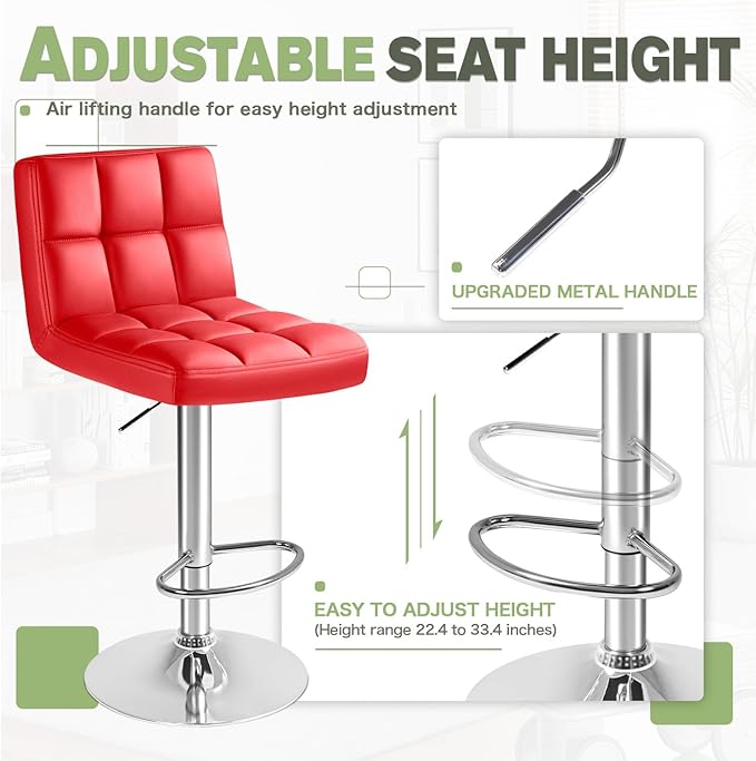 Furmax Bar Stools Modern Pu Leather Swivel Adjustable Hydraulic Bar Stool Square Counter Height Stool Set of 2 (Red)