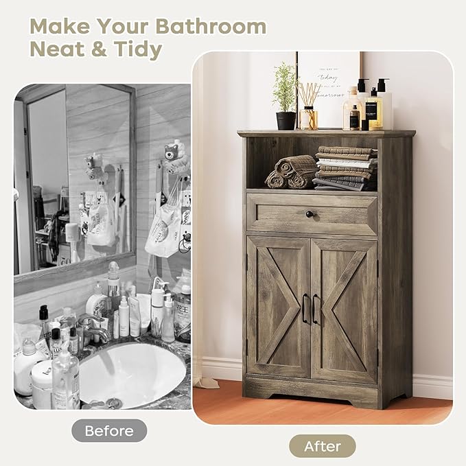 Floor Cabinet, Farmhouse Storage Cabinet with Barn Doors and Drawer, Freestanding Adjustable Shelf Organizer for Bathroom, Kitchen, Living Room Grey