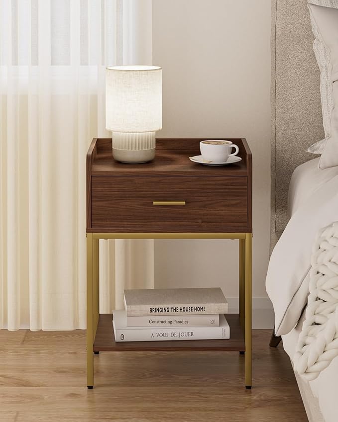 Masupu Nightstand, 3-Tier Modern Bedside Night Stand with Storage Drawer and Shelf, Small End Side Table for Bedroom, Living Room, Walnut