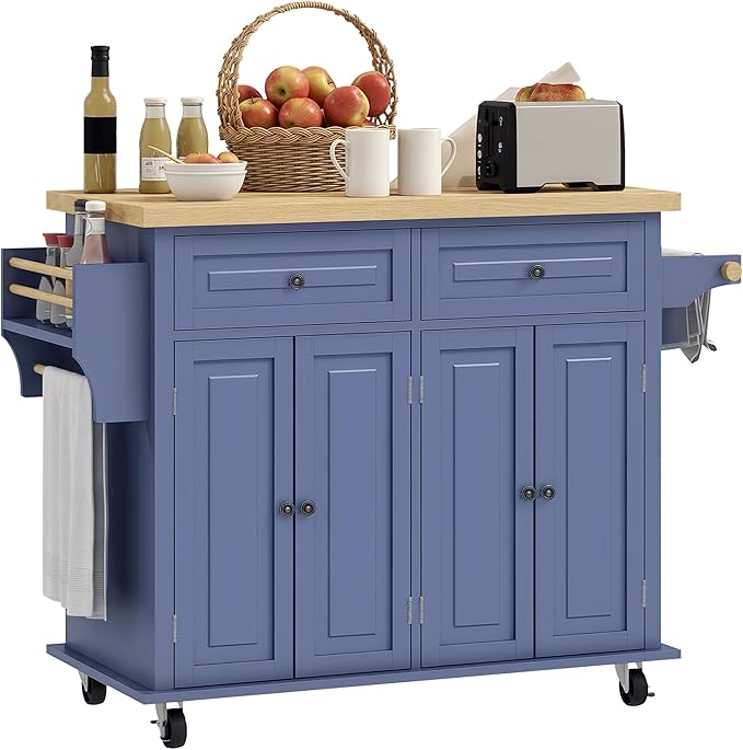 HOMCOM Kitchen Island Cart with Solid Wood Top, 44" Mobile Kitchen Island Table on Wheels with Storage Cabinets, 2 Drawers, Adjustable Shelves, Spice Rack & Towel Bar for Dining Room, Navy Blue
