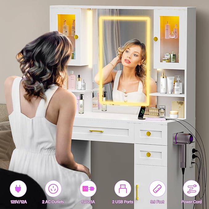 KAMABOKO White Vanity Desk with Mirror, Makeup Vanity Table with 5 Drawers, 2 Storage Cabinets & 2 Glass-Door Display Cabinets for Bedroom and Dressing Room