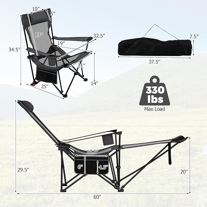 Goplus Camping Lounge Chair w/Detachable Footrest, Folding Beach Chair w/4-position Backrest, Carrying Bag, Removable Pillow, Cup Holder, Storage Pouch, Reclining Chair, 330LBS Capacity (Grey,2)