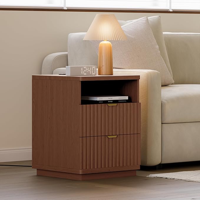 Nightstand with Charging Station, Night Stand with Open Shelf and 2 Drawers for Bedroom, Side Table Bedside Table with USB Ports & Outlets, Small Nightstand End Table (Walmut)