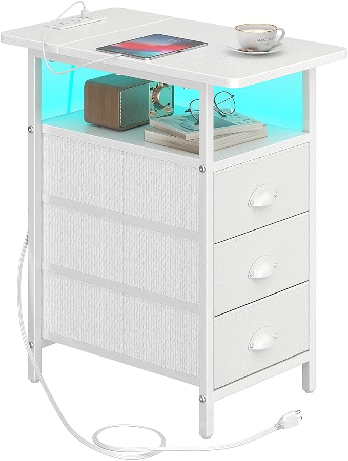 sthmec End Table with Charging Station,LED Side Tables with USB Ports and Outlets,Narrow Nightstands Bedside Tables with 3 Drawers PU Finish for Small Space,Slim Sofa Table for Livingroom,White