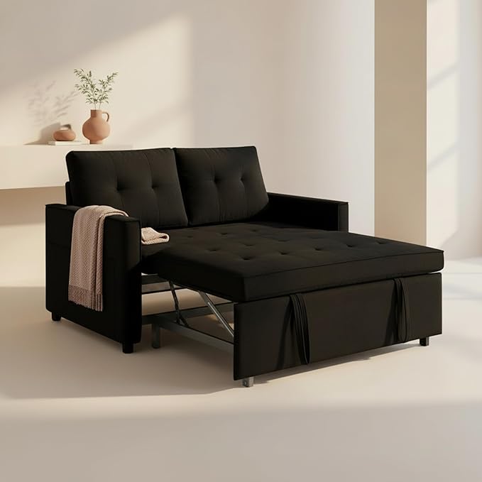 Sofa Bed, Pull Out Couch with Side Pockets, 3 in 1 Velvet Fabric Loveseat Sleeper Sofa Bed, Pull Out Couch with Adjustable Backrest for Living Room, Bedroom, Apartment, Black, 53 Inch