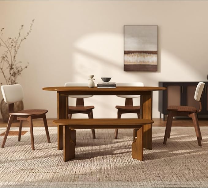VESCASA Oval 63" L Dining Table with 47.25" L Bench, Walnut Wood Kitchen Table Set for Dining Room, Restaurant, 1 Table with 1 Bench