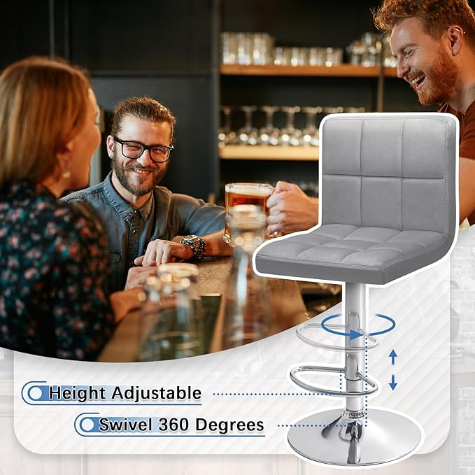 Homall Bar Stools Modern Velvet Adjustable Swivel Barstools, Armless Hydraulic Kitchen Counter Bar Stool Extra Height Square Island Barstool with Back Set of 2 (Velvet, Gray)