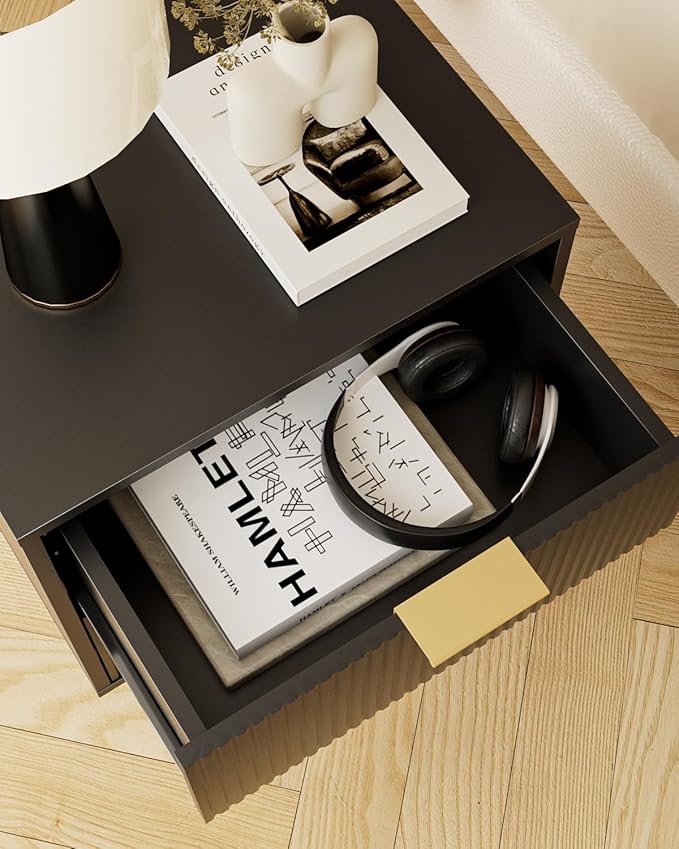 Aienvey Night Stand, Modern Nightstand with Drawers, Bedside Table, Gold Small Side Table for Bedroom, Living Room End Table (Black Stripe, 2 Drawers)