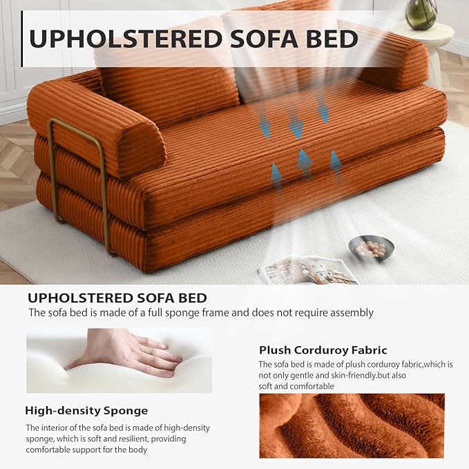 HANXIN 80 Inch Convertible Sleeper Sofa Bed, High Back Plush Corduroy Folding Floor Mattress Couch with Fixed-Shape Frame, Boneless Futon Loveseat with Pull Out Bed, No Assembly Required (Orange)