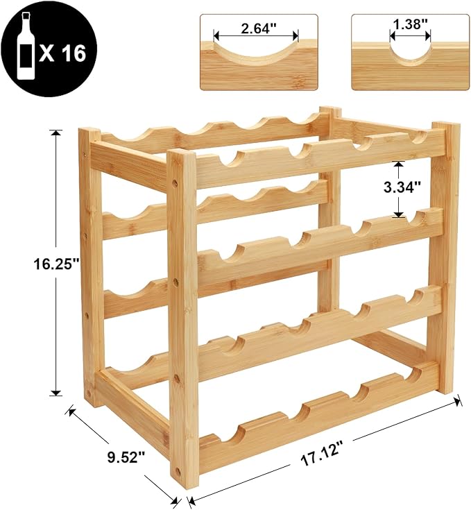Bamboo Wine Rack, 4-Tier 16 Bottles Wine Storage Cabinet Shelf, Easy-Assembly Freestanding Bamboo Wine Racks Countertop for Kitchen Pantry Dining Room Bar, Natural