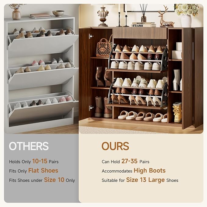 ONBRILL Large Shoe Cabinet with 2 Flip Drawers (3-Tier Each), 27-35 Pairs Shoe Organizer with Storage Drawer, 2 Doors & Open Shelf, 47.2'' Wide Shoe Storage Cabinet for Entryway Hallway (Walnut)