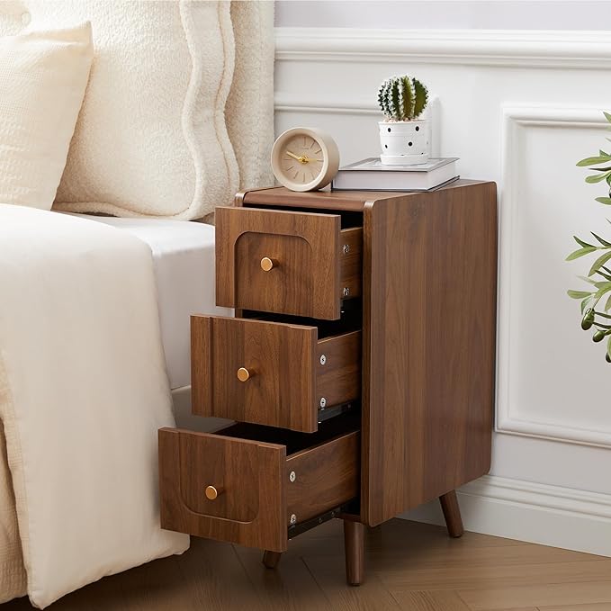 Narrow Nightstands with 3 Drawers, Wooden Farmhouse Bedside Tables, Slim End Tables with Storage, Small Night Stand for Bedroom, Living Room, Small Spaces